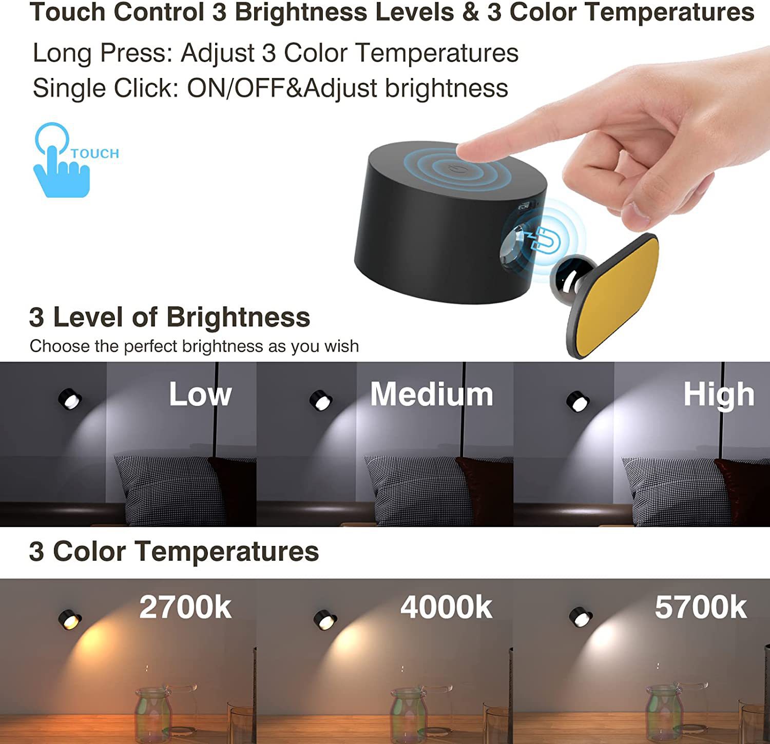Khaki Wood Grain Rechargeable LED Magnetic Wall Light - Touch Control