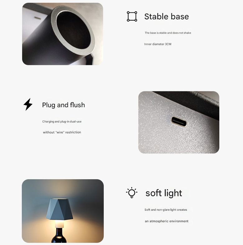 Triangular white Cordless LED Bottle Lamp - Rechargeable Touch-Control Table Light with 3 Color Modes for Bar & Home Decor