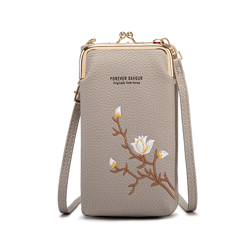 Grey Chic Embroidered Crossbody Phone Wallet - All-in-One Purse with Kiss-Lock Clasp