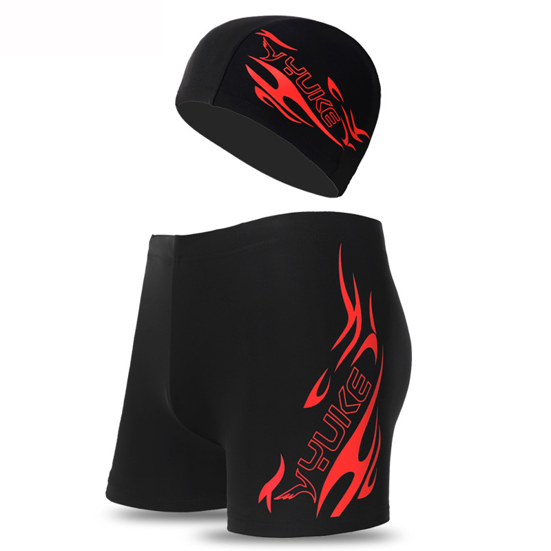 Red Men's Athletic Swim Trunks and Cap Set with Dynamic Graphic Print(4XL)