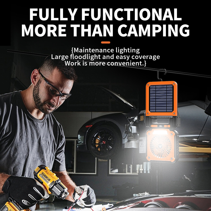 Solar & USB Rechargeable Camping Fan with LED Light - Portable Power Bank