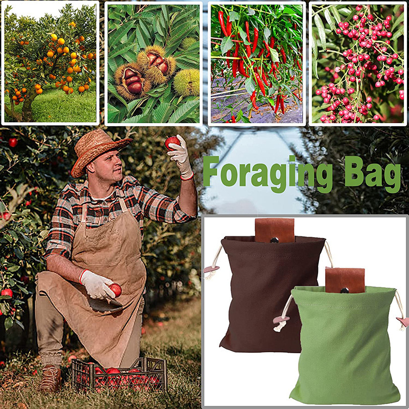Green Collapsible Canvas Foraging Pouch - Hands-Free Belt Bag for Hiking & Camping Activities