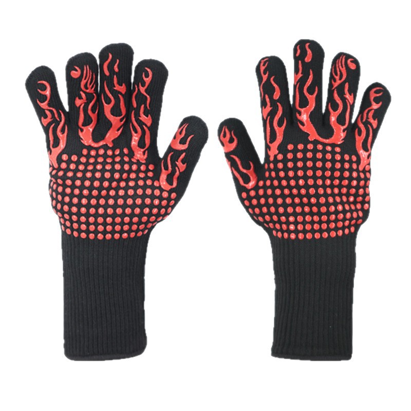 Red Flame Pattern Extreme Heat Resistant BBQ Gloves – 500°C Flame Design Oven Gloves with Non-Slip Silicone Grip