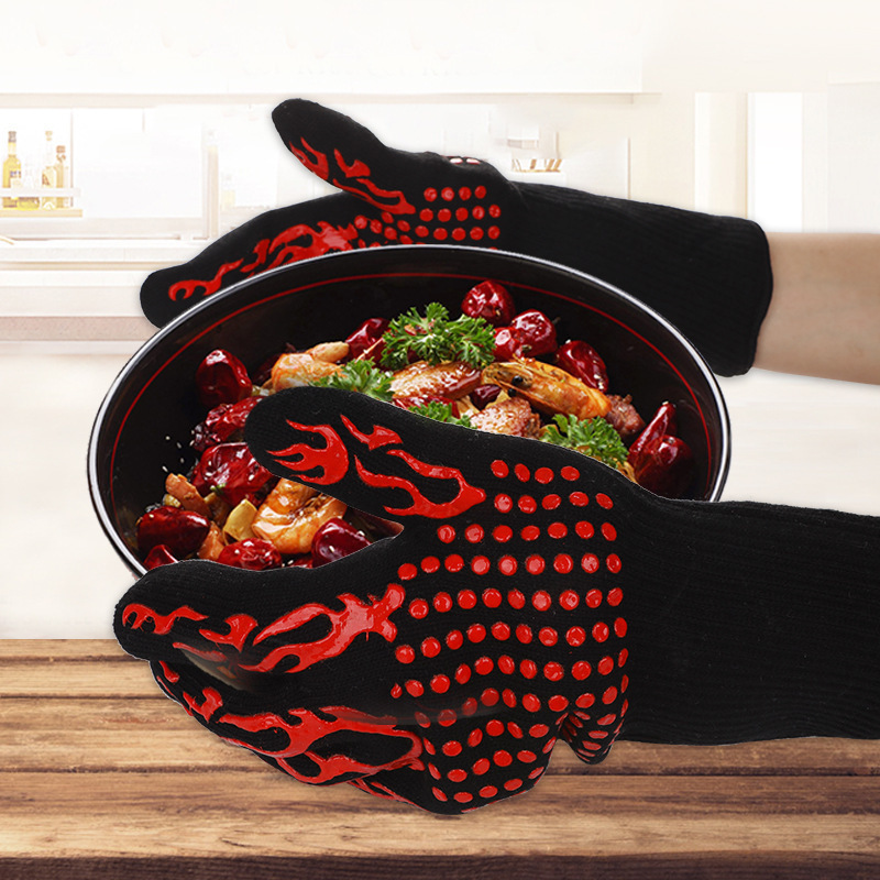 Blue Flame Pattern Extreme Heat Resistant BBQ Gloves - 500°C Flame Design Oven Gloves with Non-Slip Silicone Grip
