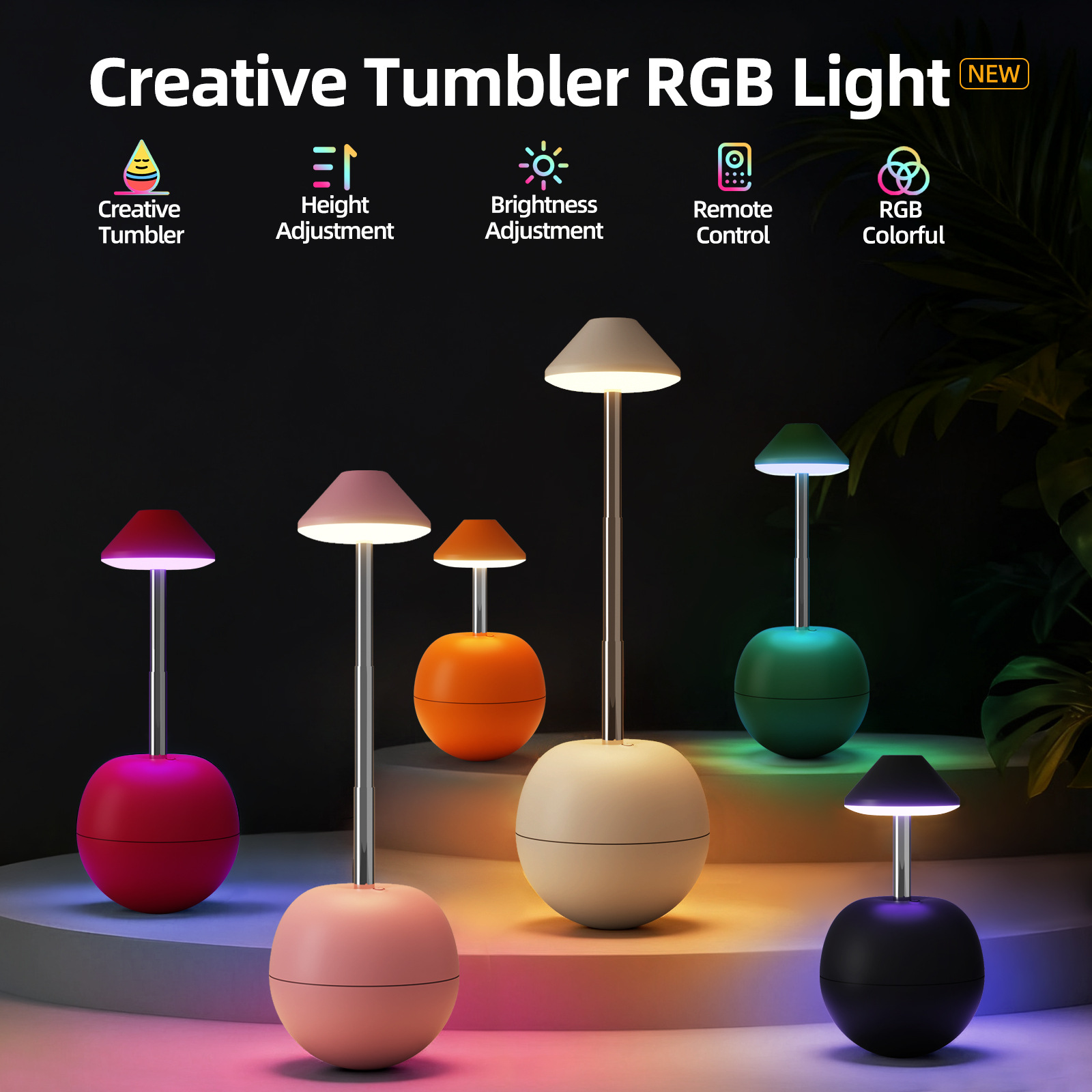 White Creative Tumbler LED Night Light - Rechargeable RGB Desk Lamp with Remote Control - Height Adjustable