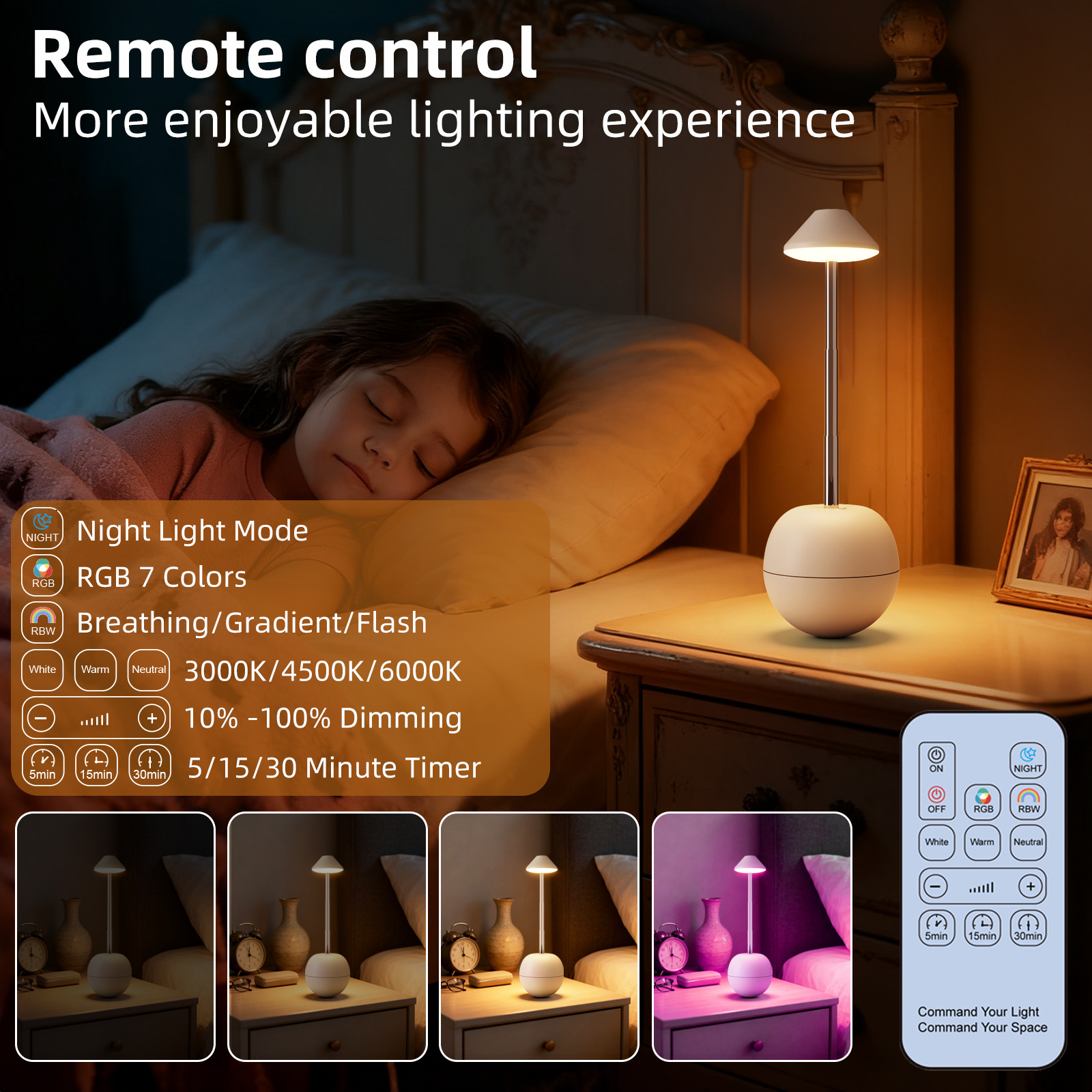 Green Creative Tumbler LED Night Light - Rechargeable RGB Desk Lamp with Remote Control - Height Adjustable