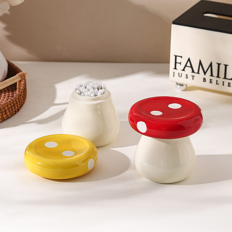 Red Stylish Mushroom Ceramic Toothpick Holder and Cotton Swab Jar for Home Kitchen Table Decor(Excluding cotton swabs