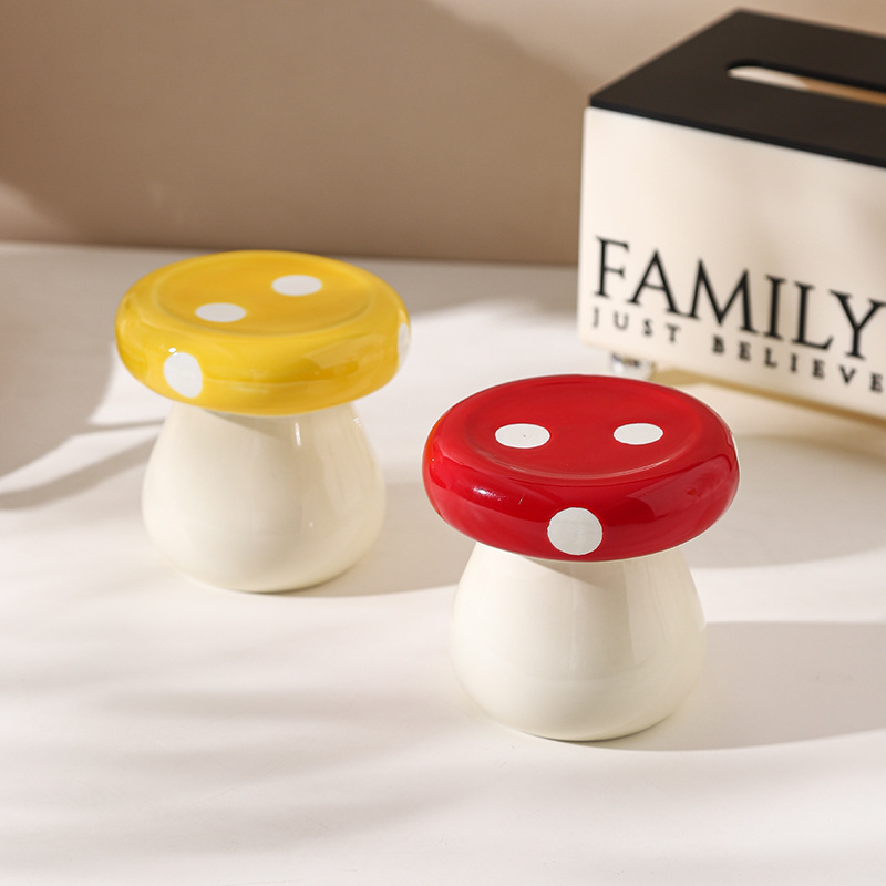 Red Stylish Mushroom Ceramic Toothpick Holder and Cotton Swab Jar for Home Kitchen Table Decor(Excluding cotton swabs