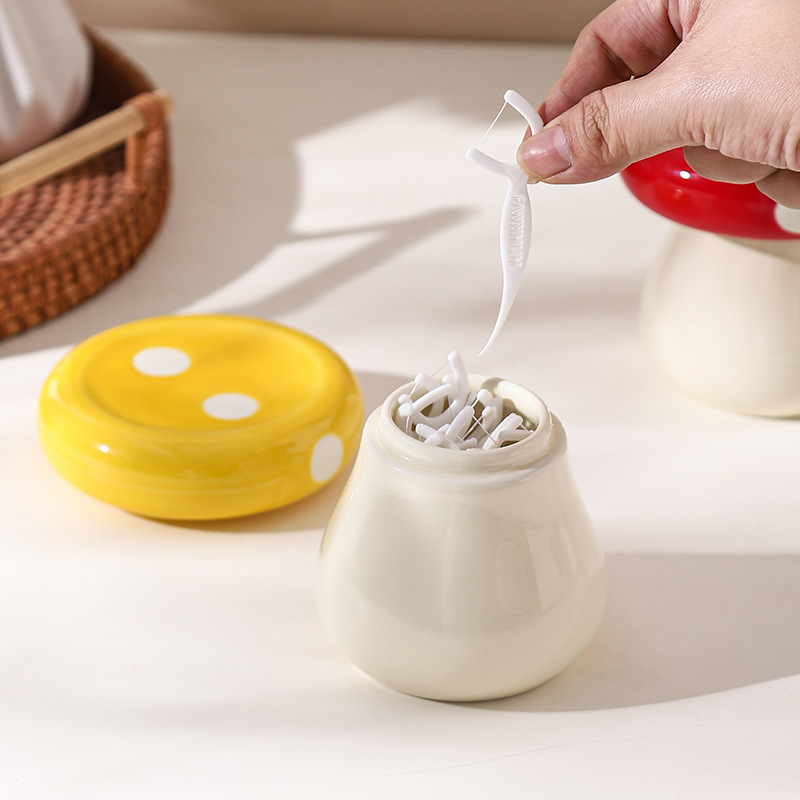 Red Stylish Mushroom Ceramic Toothpick Holder and Cotton Swab Jar for Home Kitchen Table Decor(Excluding cotton swabs