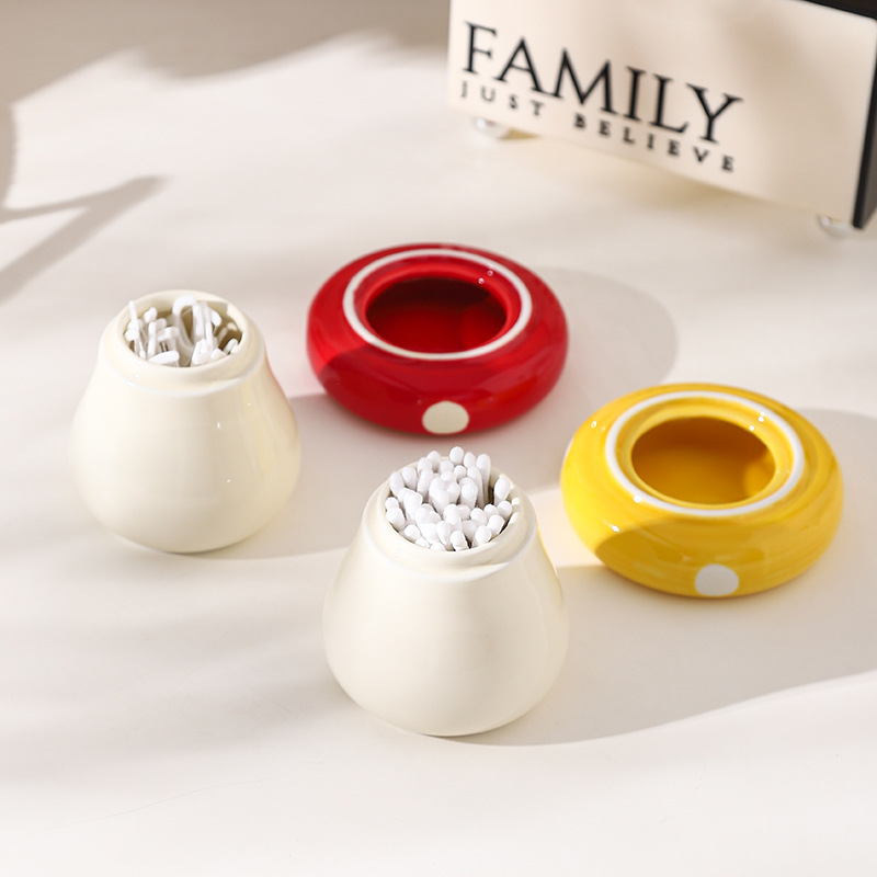 Yellow Stylish Mushroom Ceramic Toothpick Holder and Cotton Swab Jar for Home Kitchen Table Decor(Excluding cotton swabs