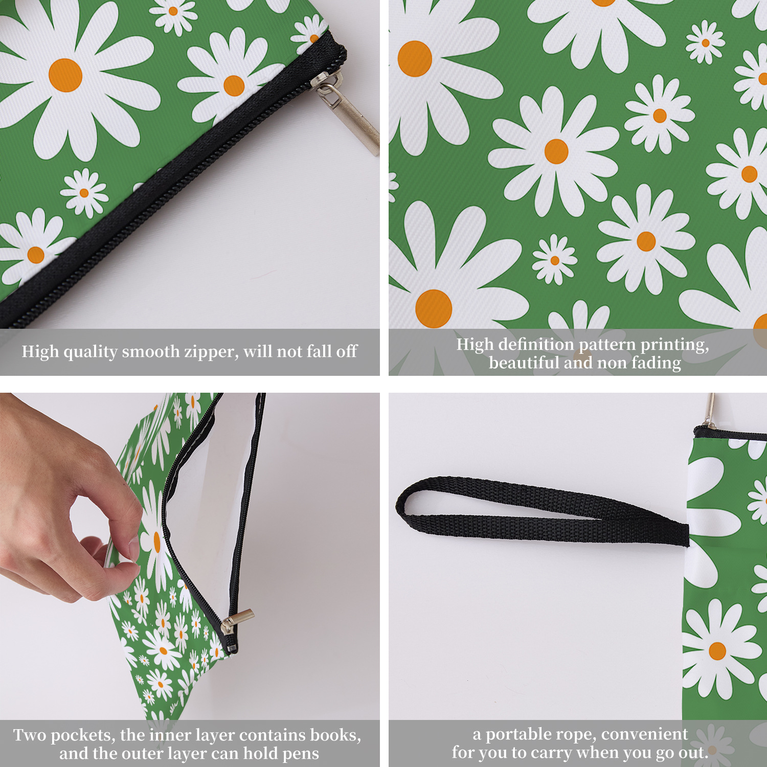 Green Floral pattern book cover with zippered pocket - Lightweight polyester book cover