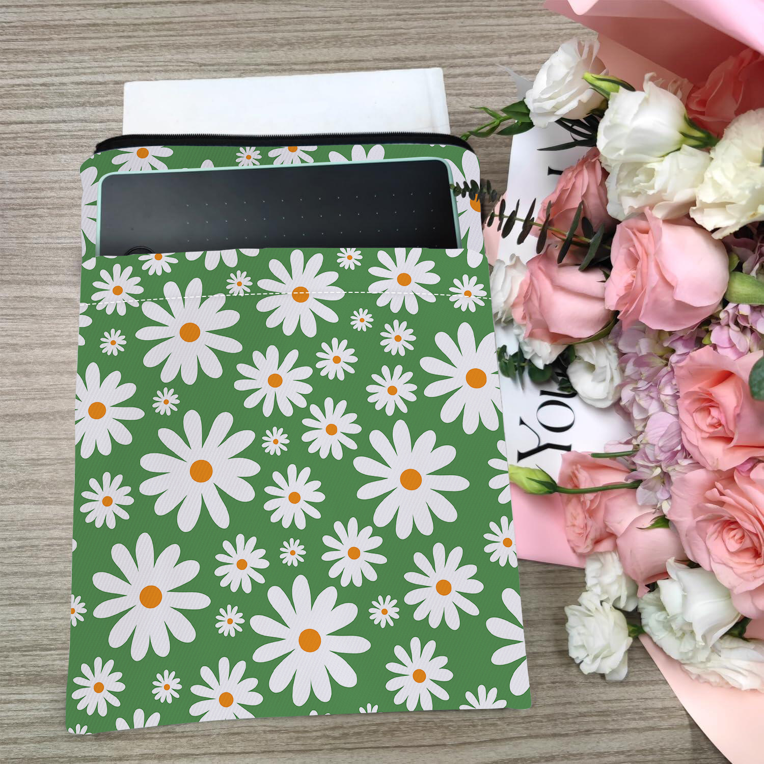 Blue Floral pattern book cover with zippered pocket - Lightweight polyester book cover