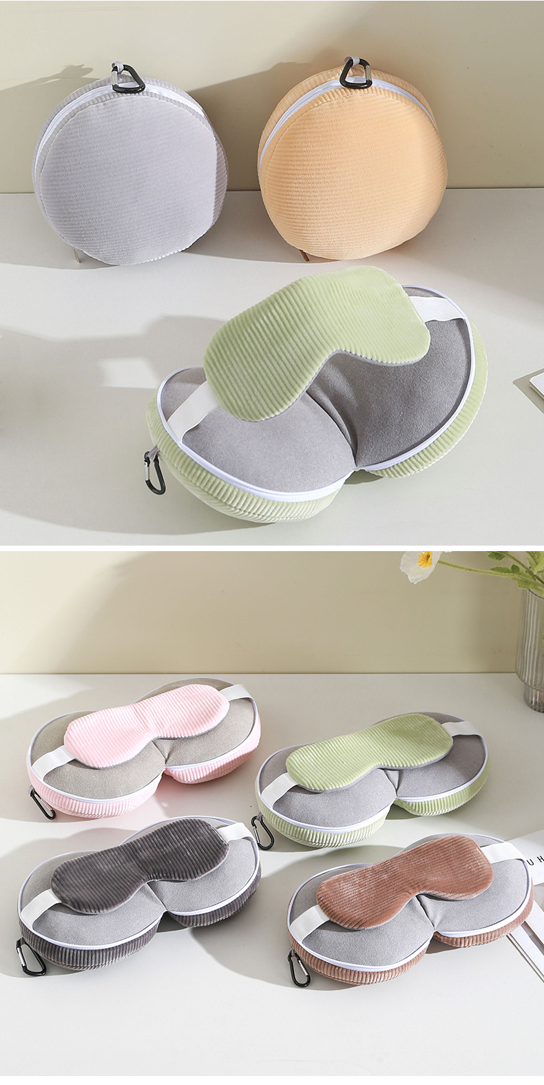 Green and Grey 3-in-1 Foldable Sleep Eye Mask with Neck Pillow - Compact Travel Pillow for Airplane