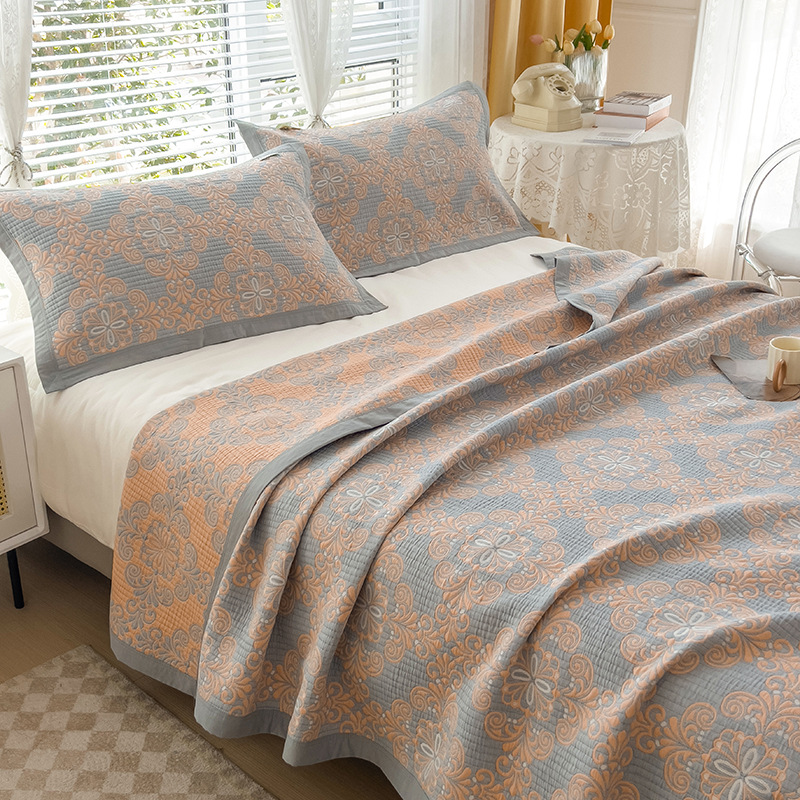 Grey and Green Cotton Three-Layer Gauze Bed Cover Set - Reversible Vintage Printed Blanket with Two Pillowcases for Year-Round Use(120*150cm)