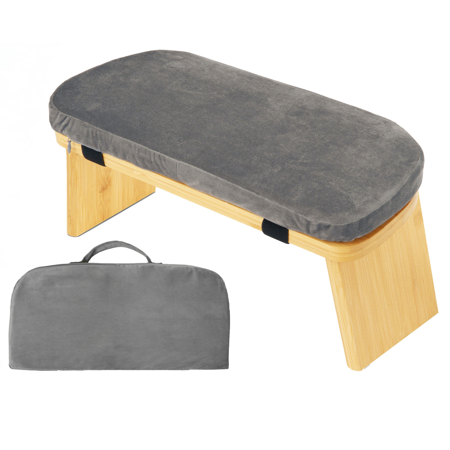 Grey Foldable Wooden Meditation Stool with Padded Cushion 45x21cm - Portable Yoga Kneeling Bench with Carry Bag for Mindfulness and Home Zen Grey Foldable Wooden Meditation Stool with Padded Cushion 45x21cm - Portable Yoga Kneeling Bench with Carry Bag for Mindfulness and Home Zen