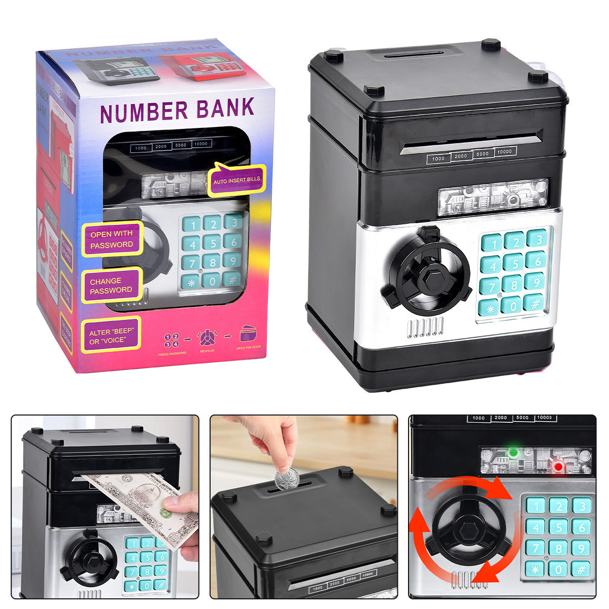 2-Piece Black Smart ATM Piggy Banks - Kids Electronic Money Safe with Password Lock & Auto-Roll in/out Feature 2-Piece Black Smart ATM Piggy Banks - Kids Electronic Money Safe with Password Lock & Auto-Roll in/out Feature