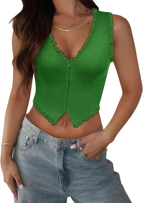 2-Pack Green French Vintage Lace Splice Camisole(XL Size) - Slim Fit Halter Top with Back Detail and Button Placket