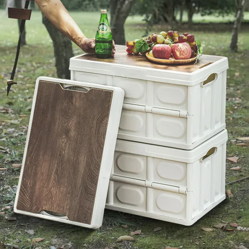 White Collapsible Medium Standard Storage Box with Wooden Table Top(42x28x23CM) - Car Trunk Organiser for Australian Camping & Home Use