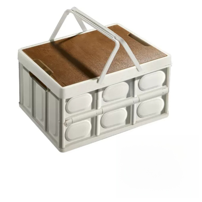 White Collapsible Medium Handle Storage Box with Wooden Table Top(42x28x23CM) - Car Trunk Organiser for Australian Camping & Home Use White Collapsible Medium Handle Storage Box with Wooden Table Top(42x28x23CM) - Car Trunk Organiser for Australian Camping & Home Use