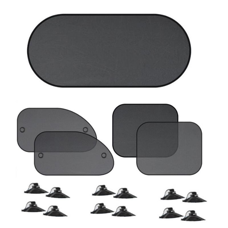 Black Universal Car Window Sun Shade Set - Mesh Fabric UV Protection(One solid rear baffle + two perforated angled baffles + two solid side baffles)