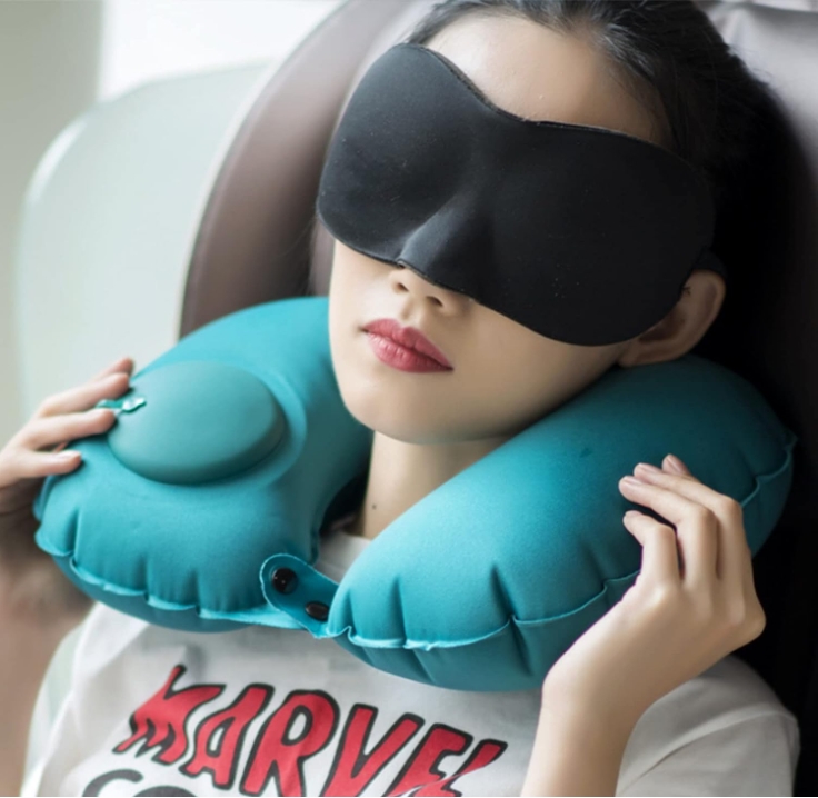 2-PCS Grey Inflatable Travel Neck Pillow Press to Inflate U-Shape Soft Flocking Support Cushion for Airplane Car & Camping Portable Air Pump Design