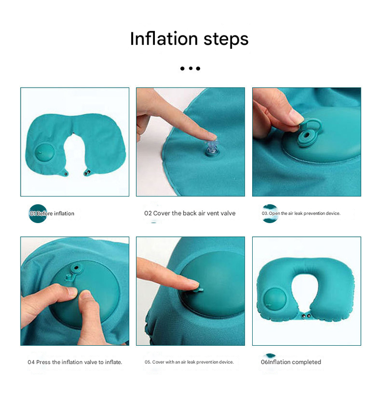 2-PCS Grey Inflatable Travel Neck Pillow Press to Inflate U-Shape Soft Flocking Support Cushion for Airplane Car & Camping Portable Air Pump Design