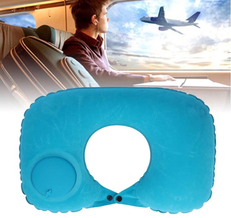 2-PCS Orange Inflatable Travel Neck Pillow Press to Inflate U-Shape Soft Flocking Support Cushion for Airplane Car & Camping Portable Air Pump Design