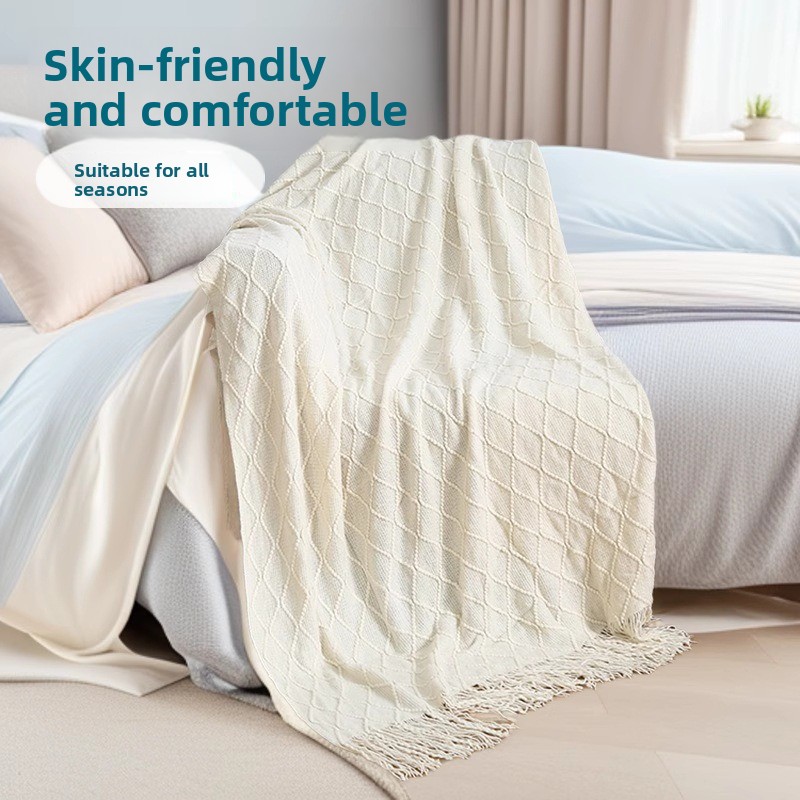 Lake blue Nordic Knitted Throw Blanket with Tassels 130x230cm Soft Acrylic Diamond Pattern Sofa Cover Bed Runner and Travel Blanket
