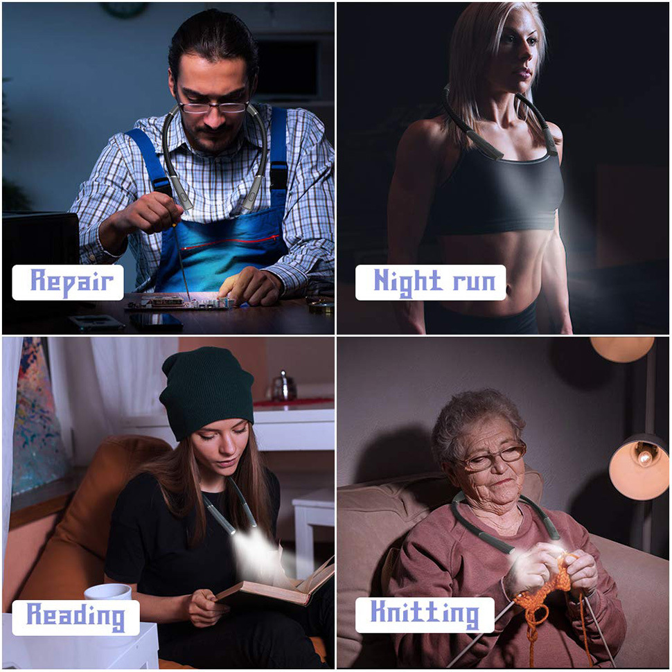 Blue Hands-Free USB Rechargeable Neck Reading Light 3 Colour Modes Flexible LED Book Lamp for Night Reading Knitting Repairing