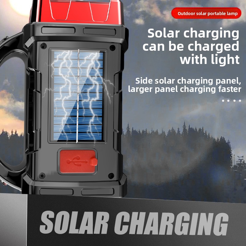 Red Solar Powered LED Camping Lantern and Flashlight Rechargeable Portable Searchlight with Side Light and USB Power Bank for Outdoor Emergency