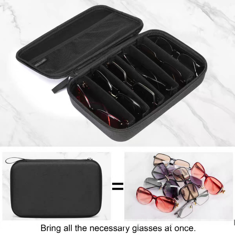 Portable 4-Slot Sunglasses Organiser Case Hard Shell EVA Storage Box Large Capacity Travel Holder with Mesh Pocket Black