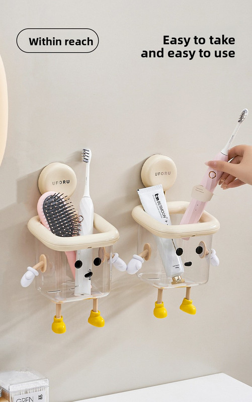 Suction Cup Bathroom Organizer Wall Mounted Toothbrush Holder No Drill Storage Caddy with Drainage for Electric Toothbrush Razor Makeup Black & Pink