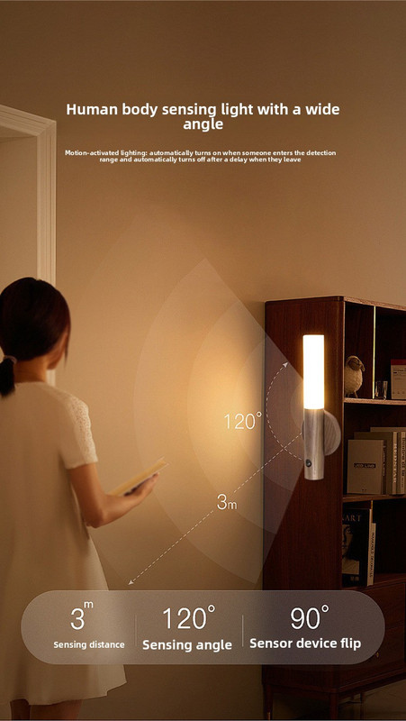 Matte Black Motion Sensor Night Light LED Rechargeable Magnetic Stick Wall Lamp Smart Wireless Batten for Hallway Staircase Modern Style Warm White