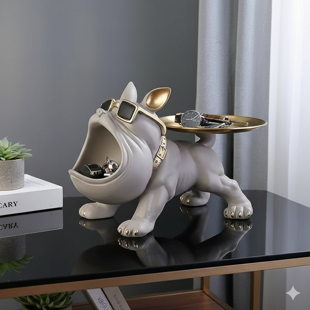 Cool French Bulldog Statue Storage Tray Orange Resin Dog Figurine Key Bowl and Candy Organiser with Open Mouth Design for Entryway Table Home Decor