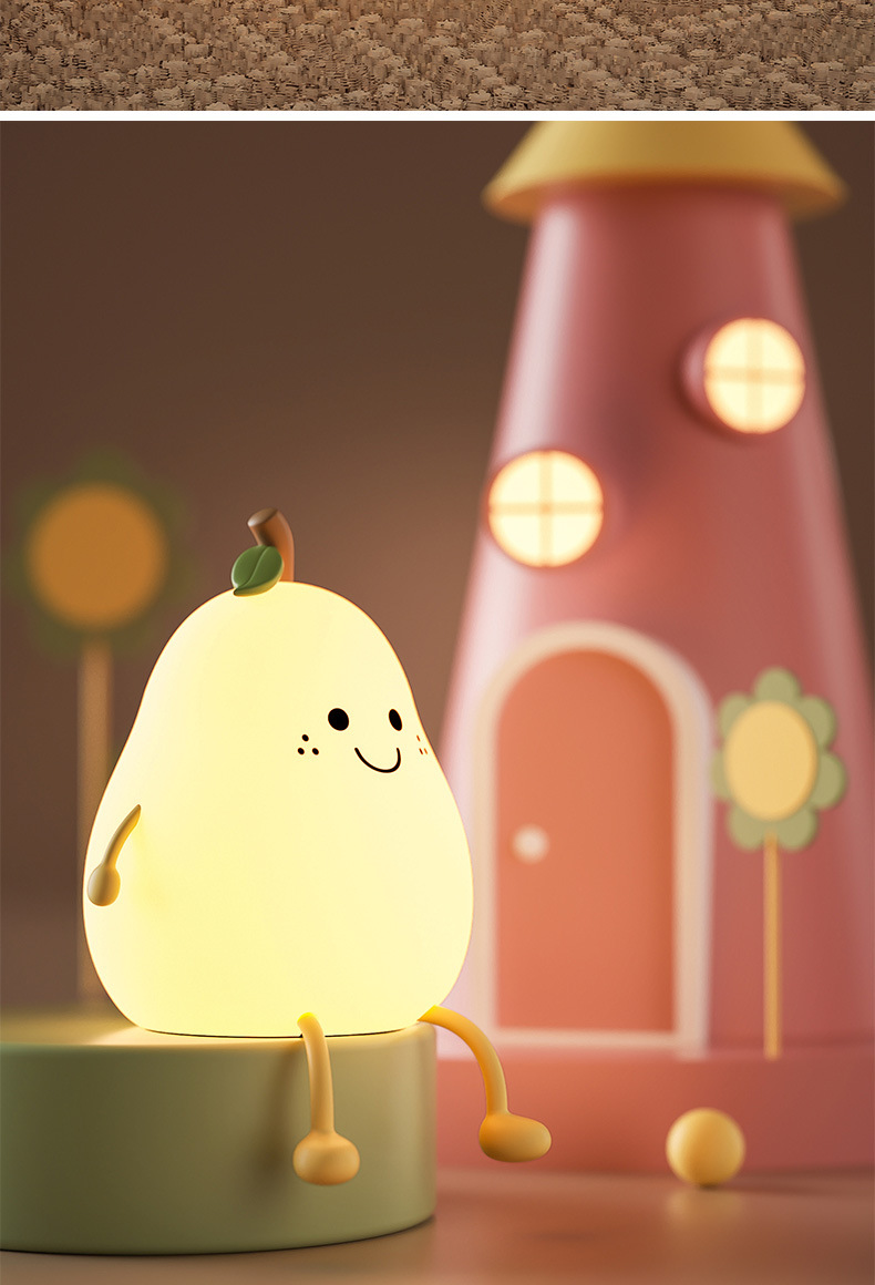 Cute Pear Night Light Squishy Silicone Nursery Lamp Rechargeable LED Bedside Light with Timer 7 Colour Changing Tap Control for Kids Baby Bedroom Gift