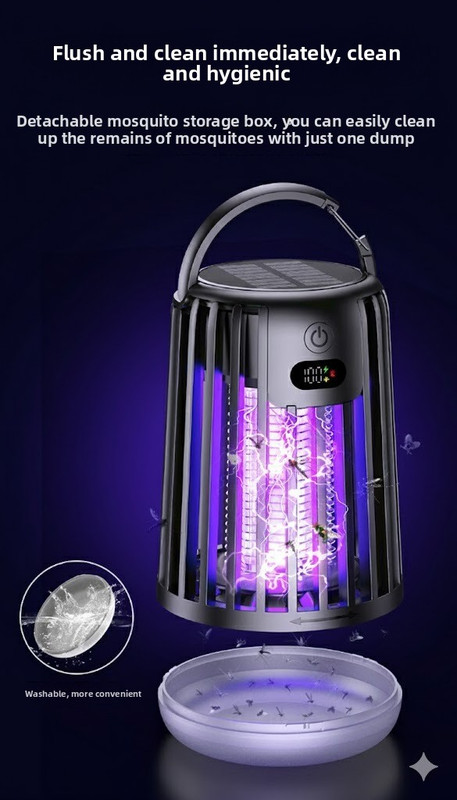 Solar Bug Zapper & Camping Light - 2000V Electric Mosquito Killer with Type-C USB Charging - Portable Insect Trap for Outdoor Patio Garden & Camping - Smart Battery Display - Black