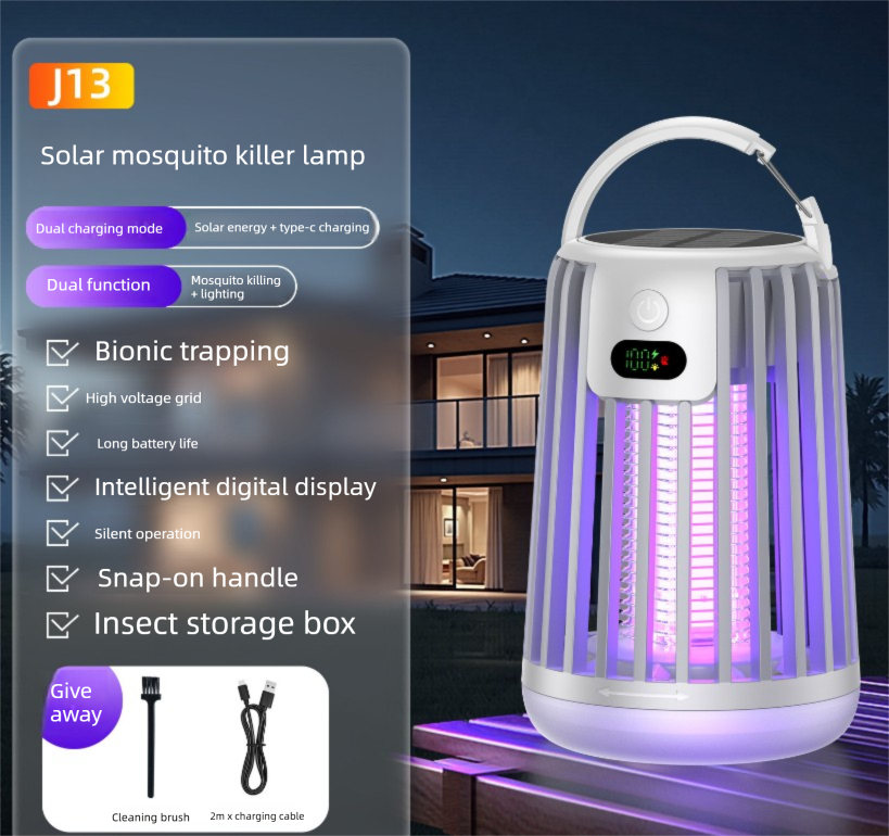 Solar Bug Zapper & Camping Light - 2000V Electric Mosquito Killer with Type-C USB Charging - Portable Insect Trap for Outdoor Patio Garden & Camping - Smart Battery Display - White Solar Bug Zapper & Camping Light - 2000V Electric Mosquito Killer with Type-C USB Charging - Portable Insect Trap for Outdoor Patio Garden & Camping - Smart Battery Display - White