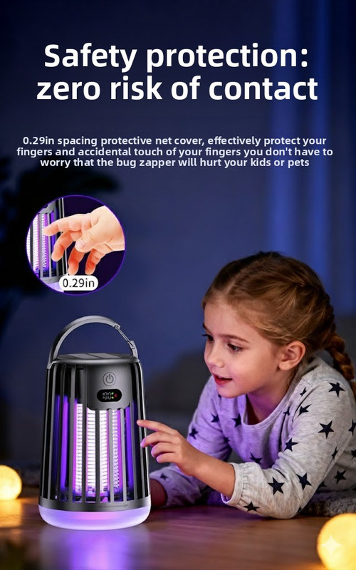 Solar Bug Zapper & Camping Light - 2000V Electric Mosquito Killer with Type-C USB Charging - Portable Insect Trap for Outdoor Patio Garden & Camping - Smart Battery Display - White