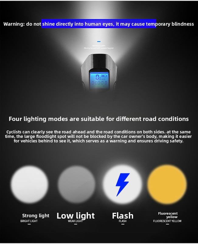 Blue Professional 3-in-1 Waterproof Bicycle Headlight with Integrated Speedometer & Horn - High-Lumen Night Riding Safety Lamp