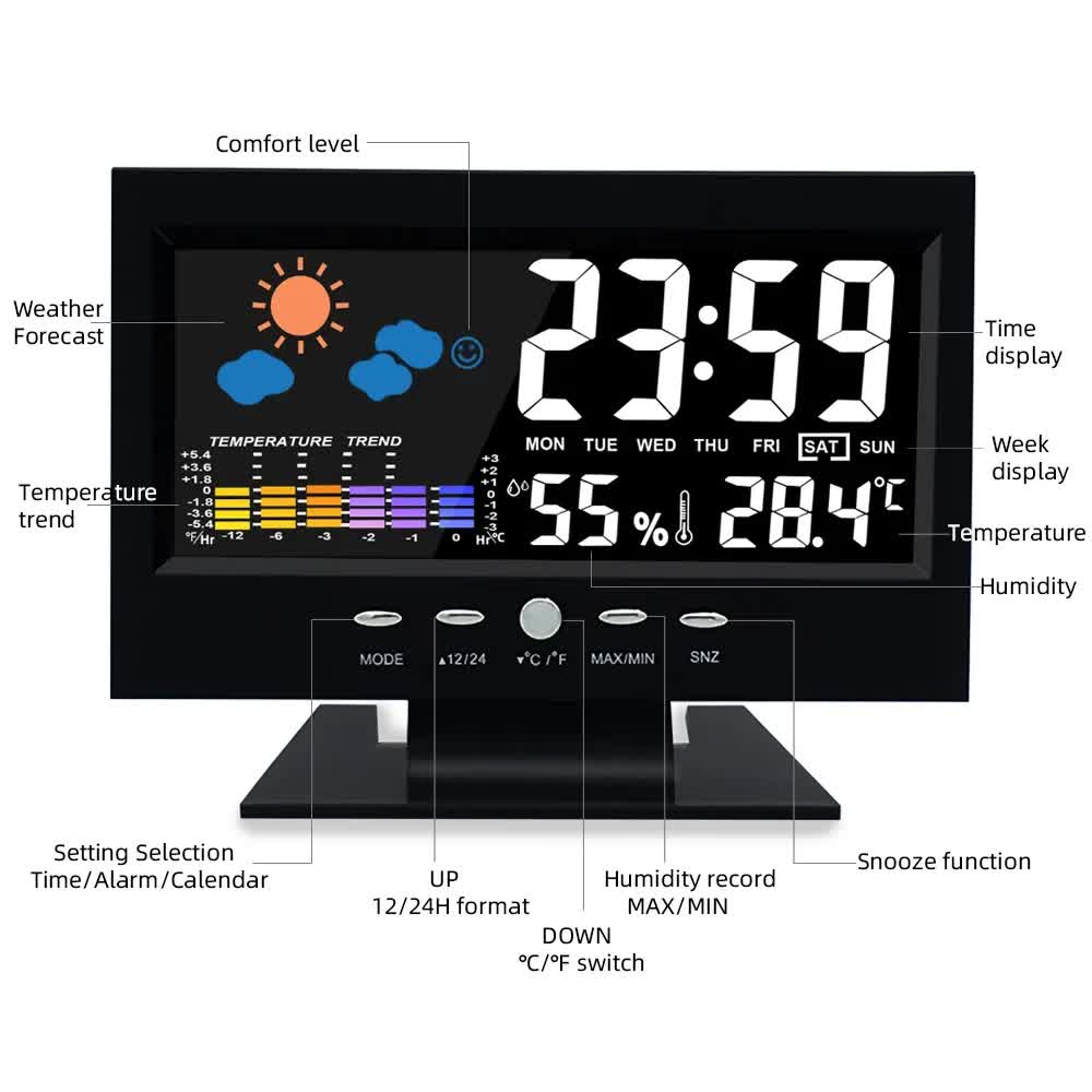 Digital Weather Forecast Clock With Alarm Clock - Color LCD Display with Date