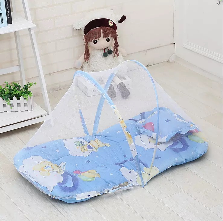 Blue Portable 3-in-1 Mosquito Net Set with Soft Sleep Pad & Pillow - Foldable Pop-Up Travel Bassinet for Infants