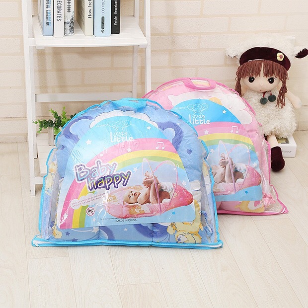 Blue Polka Dots Portable 3-in-1 Mosquito Net Set with Soft Sleep Pad & Pillow - Foldable Pop-Up Travel Bassinet for Infants