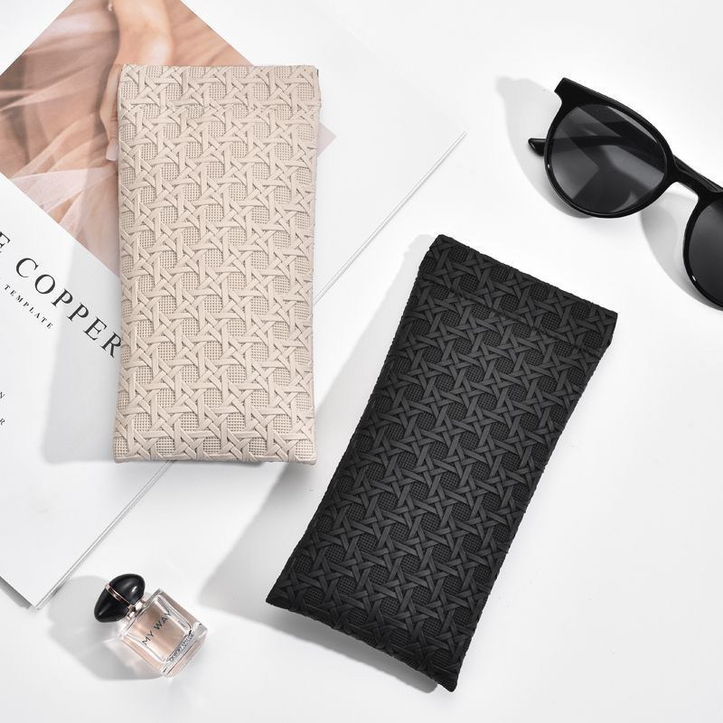 3-Pack Beige Woven Texture Eyeglass Cases - Retro PU Leather Anti-Pressure Glasses Pouch