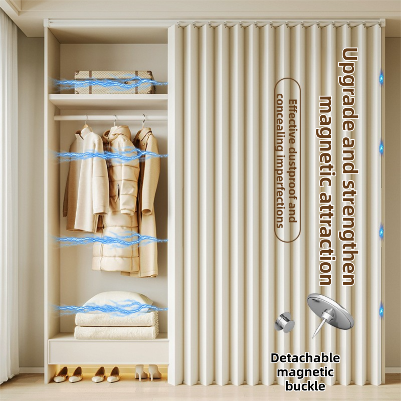 120 X 180 CM Light Gray Linen-Look Dust Drill-Free Pull-Curtain - Folding Doorless Closet Divider with Magnetic Closure & Hanging Rings