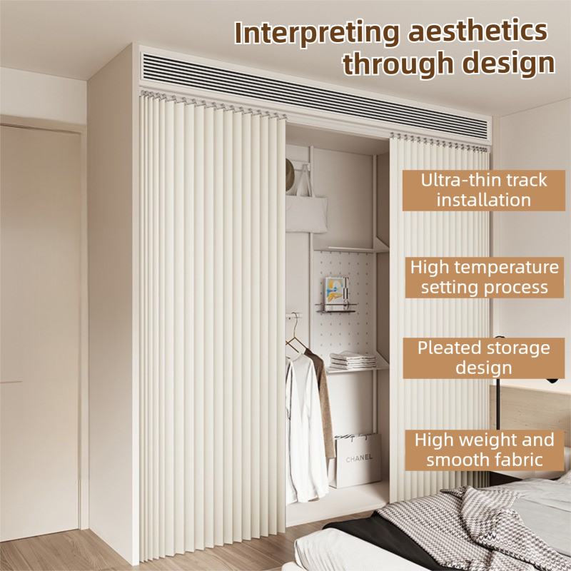 150 X 180 CM White Linen-Look Dust Drill-Free Pull-Curtain - Folding Doorless Closet Divider with Magnetic Closure & Hanging Rings