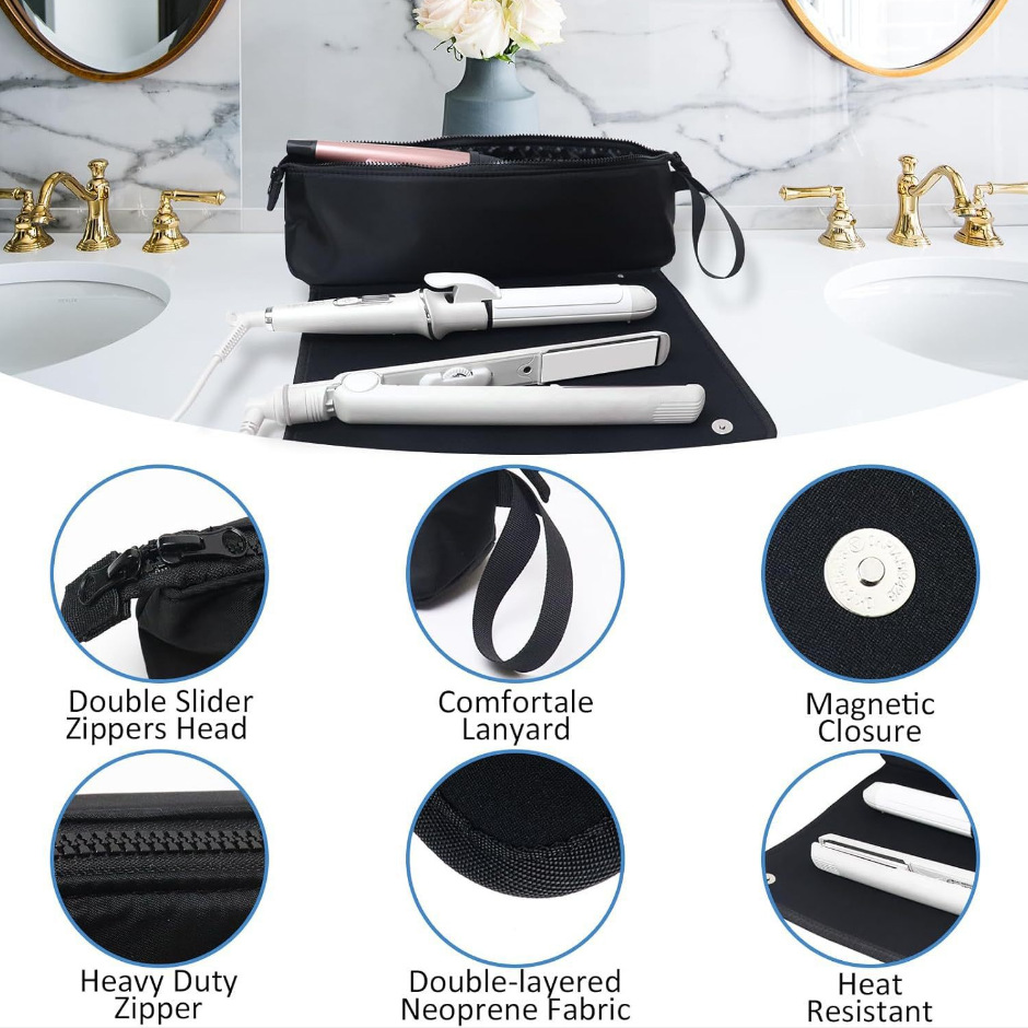 White Premium Insulated Roll-Up Travel Case for Hair Styling Tools & Blow Dryers with Muti-Pockets (18x5.5x5 Inch)