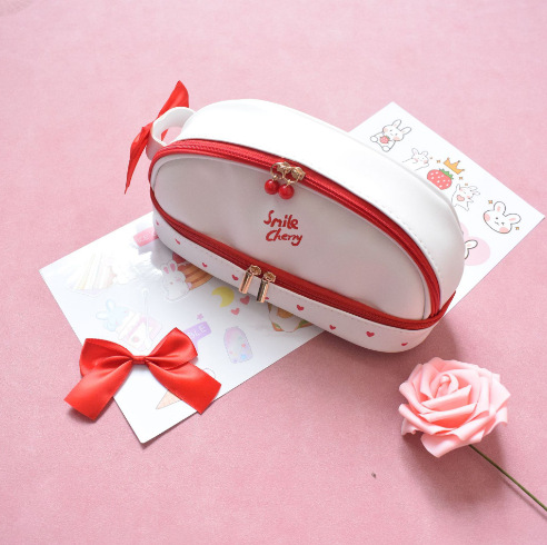 Red Large Capacity Double Layer Pencil Case Waterproof PU Leather Stationery Organizer for Australian Students and Office Use High Capacity Makeup Bag