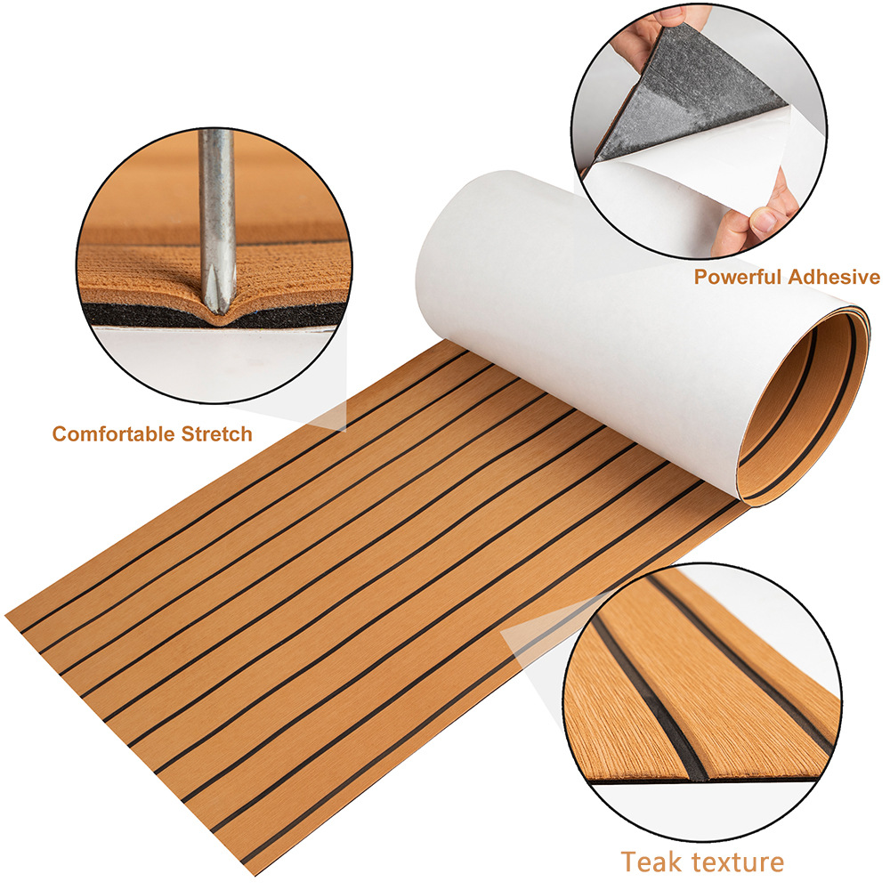 Teak EVA Foam Boat Flooring Sheet Brown with Black Stripes Self-Adhesive Marine Decking Mat for Yacht Fishing Boat RV DIY Upgrade Australian Boating(2400x900x6mm)