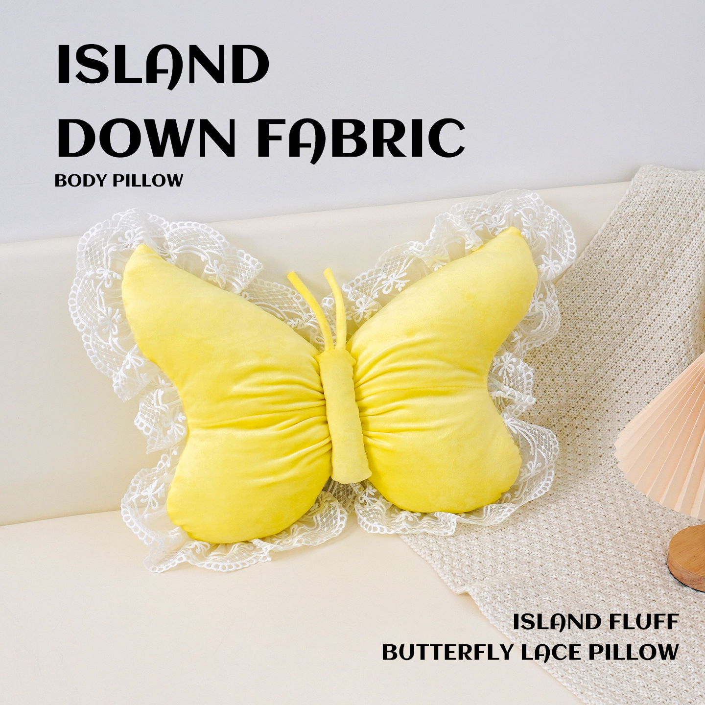 Yellow Elegant Butterfly Lace Throw Pillow 60x45cm Soft Decorative Cushion for Sofa Bedroom Office and Car Comfort Backrest Accessory