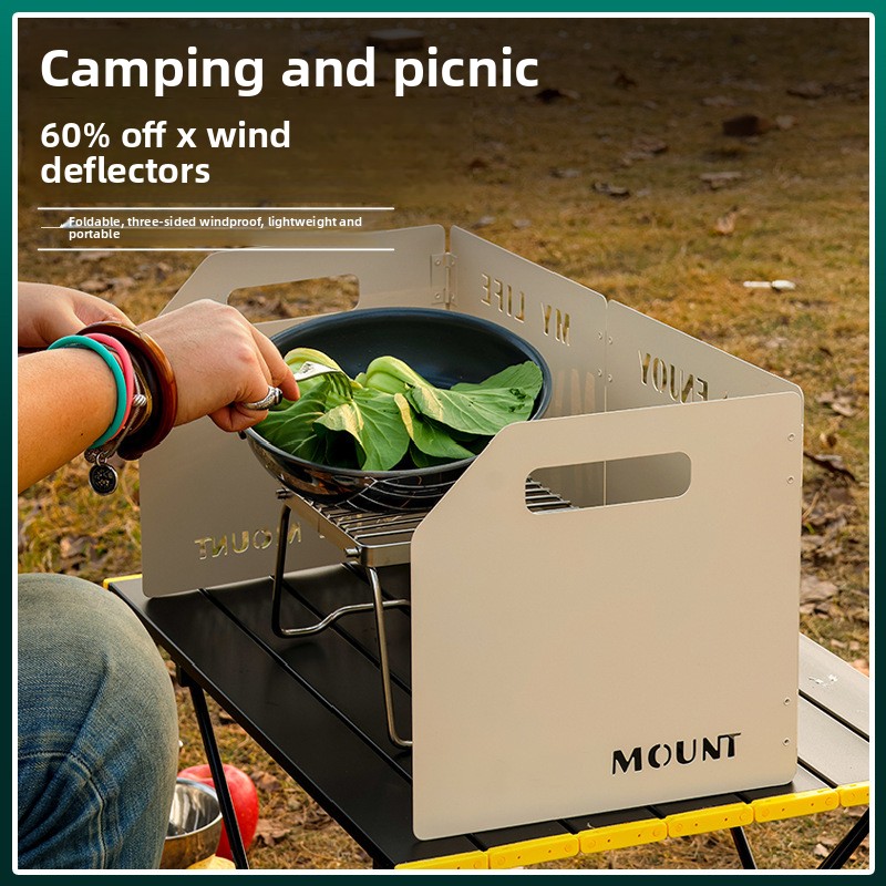White Heavy-Duty 4-Fold Camping Stove Windshield Portable Steel Wind Deflector for Outdoor Cooking and Picnics with Storage Bag